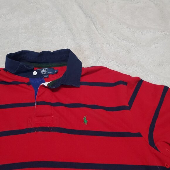 VTG Polo Ralph Lauren Red Navy Blue Stripe Cotton Casual Classic Retro‎ Polo XL - Picture 1 of 7
